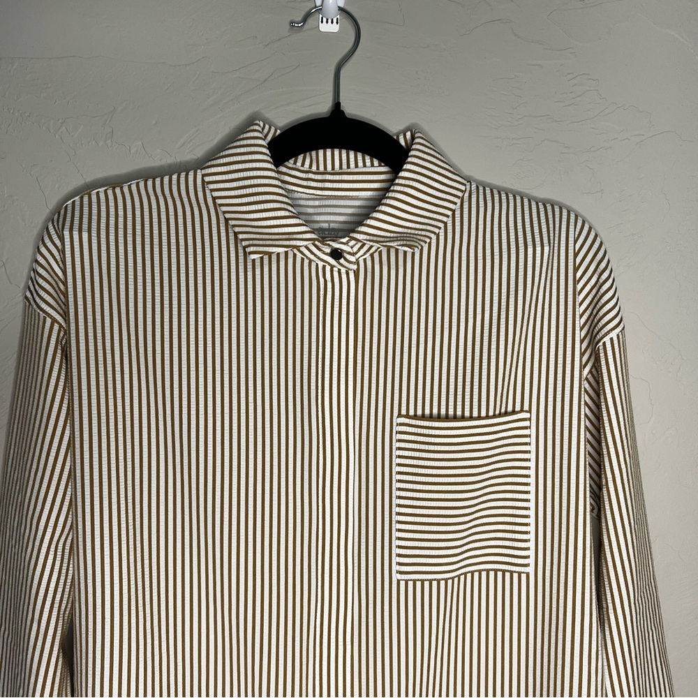 ADAY‎ Something Striped Brown White Flowy Button Down High Low Shirt - Picture 3 of 8